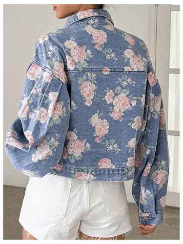 Women's Floral Print Button Down Denim Jacket Long Sleeve Outerwear
