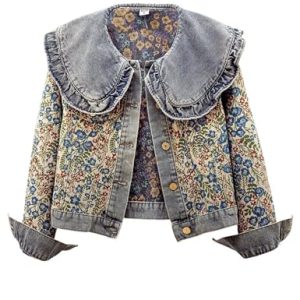 Womens Peter pan Collar Embroidered Jean Jackets Long Sleeve Jacquard Versatile Denim Jackets