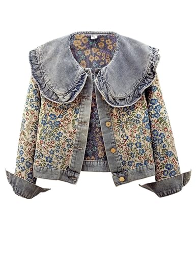 Womens Peter pan Collar Embroidered Jean Jackets Long Sleeve Jacquard Versatile Denim Jackets
