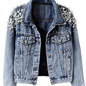 Women's Jean Jacket Embroidered Rivet Pearl Short Denim Jacket Coat