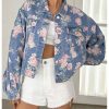 Women's Floral Print Button Down Denim Jacket Long Sleeve Outerwear