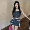 51HxVKscJnL.jpg Y2K Women Ruffle Hem Blue Jean Pleated Mini Skirt - Denim Bustier Top Suit