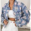 Women's Floral Print Button Down Denim Jacket Long Sleeve Outerwear