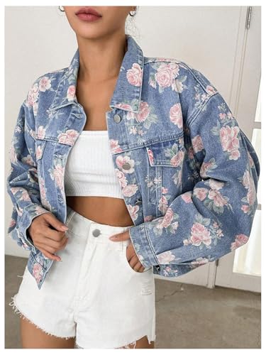 Women's Floral Print Button Down Denim Jacket Long Sleeve Outerwear