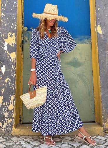 Womens Loose Fit Casual Summer V Neck Half Sleeve Bohemian Geometric Pattern Maxi Long Dresses
