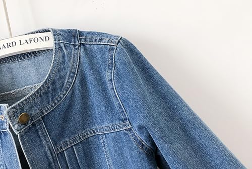 Women’s Collarless Long Sleeve Denim Jacket Round Neck Button Down Jean Jackets