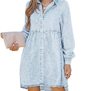 Long Sleeve Denim Dress for Women Jean Dress Button Down Casual Babydoll Denim Shirt Dress