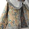 Womens Peter pan Collar Embroidered Jean Jackets Long Sleeve Jacquard Versatile Denim Jackets