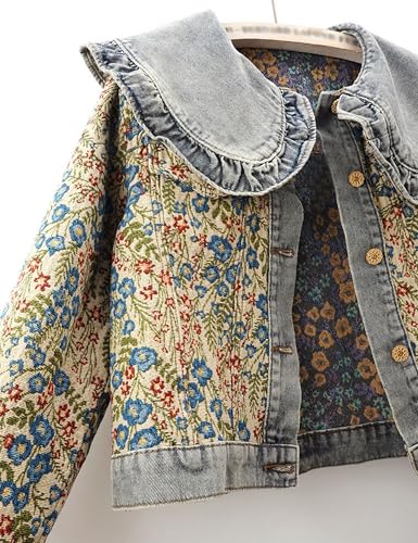 Womens Peter pan Collar Embroidered Jean Jackets Long Sleeve Jacquard Versatile Denim Jackets