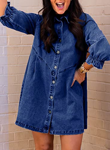 Womens Smocked 3 4 Sleeve Button Down Denim Jeans Dresses