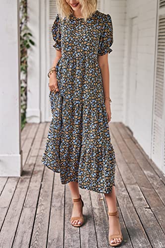 Summer Dresses for Women 2025 Casual Floral Boho Midi Sun Dress Puff Short Sleeve Flowy Beach Vacation Sundress