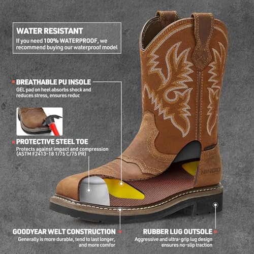 NINGO Steel Toe Work Boots for Men, Waterproof Square Toe Cowboy Boots Slip on, Comfortable Soft Toe Pull on Western Safety Work