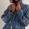 Women's Vintage Oversized Denim Jacket Embroidered Graphic Casual Loose Fit Button Down Jean Jacket