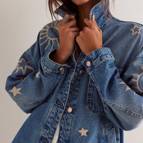 Women's Vintage Oversized Denim Jacket Embroidered Graphic Casual Loose Fit Button Down Jean Jacket