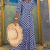 Womens Loose Fit Casual Summer V Neck Half Sleeve Bohemian Geometric Pattern Maxi Long Dresses