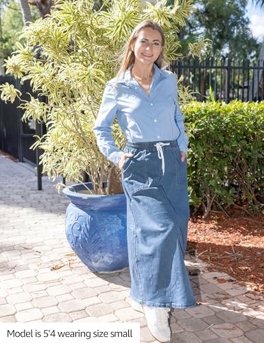 Denim Skirts for Women Trendy A Line Long Maxi Pull On Elastic Waist Drawstring Stretchy Jean Skirt with Pockets