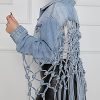 Womens Loose Long Fringe Distressed Denim Jacket Cropped Button Down Ripped Back Knotted Jean Coat