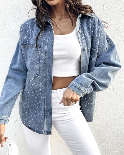 Womens Casual Denim Jacket for Women 2025 Contrast Sequin Long Sleeve Rhinestone Denim Jackets