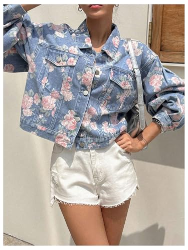 Women's Floral Print Button Down Denim Jacket Long Sleeve Outerwear