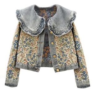 51jVzqjdexL.jpg Women’s Sweet Peter Pan Collar Long Sleeve Jacquard Denim Jacket