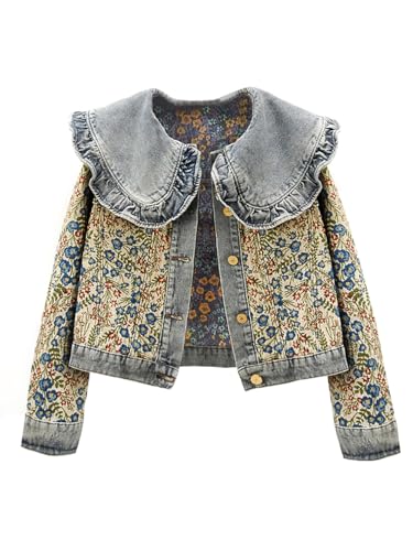 Women’s Sweet Peter Pan Collar Long Sleeve Jacquard Denim Jacket