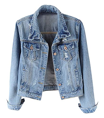 Womens Denim Jackets Distressed Ripped Long Sleeve Jean Jacket Coats