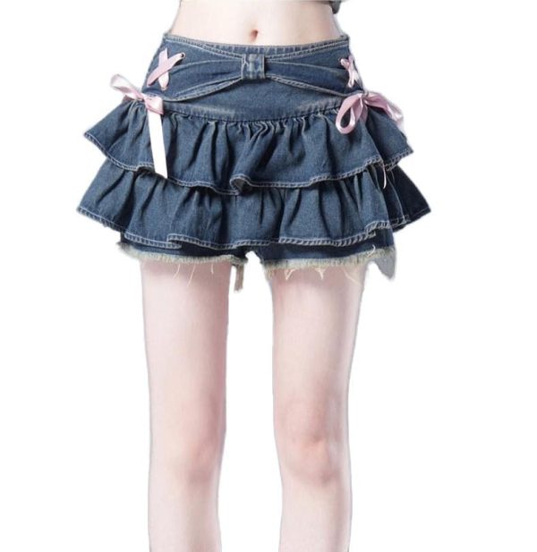 51qq6mpqXZL.jpg Y2K Women Ruffle Hem Blue Jean Pleated Mini Skirt - Denim Bustier Top Suit