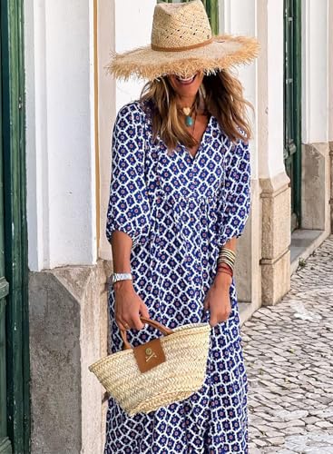 Womens Loose Fit Casual Summer V Neck Half Sleeve Bohemian Geometric Pattern Maxi Long Dresses