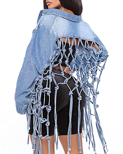 Womens Loose Long Fringe Distressed Denim Jacket Cropped Button Down Ripped Back Knotted Jean Coat