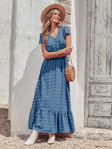 Womens Dresses 2025 Summer Maxi Dress Boho Short Sleeve V Neck Swiss Dot Ruffle Tiered Smocked Flowy Long Dress