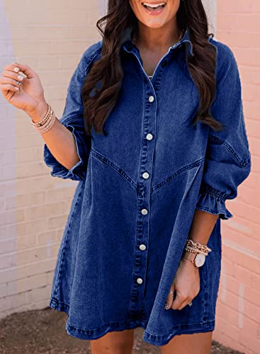 Womens Smocked 3 4 Sleeve Button Down Denim Jeans Dresses