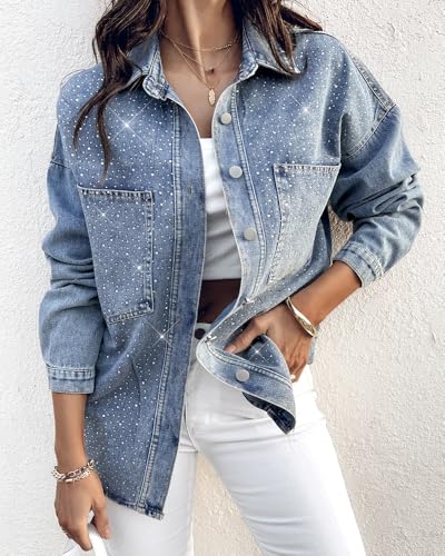 Womens Casual Denim Jacket for Women 2025 Contrast Sequin Long Sleeve Rhinestone Denim Jackets