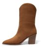 Womens Cowboy Mid Calf Boots Chunky Block Heel Pointed Toe Suede Western Cowgirl Boots