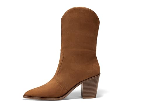 Womens Cowboy Mid Calf Boots Chunky Block Heel Pointed Toe Suede Western Cowgirl Boots