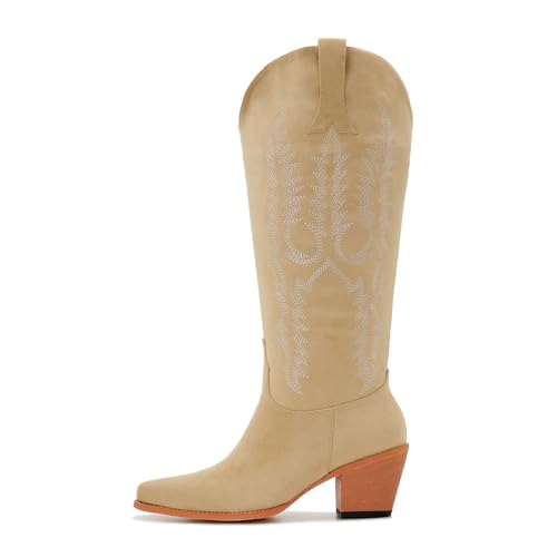 Cowboy Boots For Women Wide Calf Knee High Tall Western Style Comfortable Ladies Plus Size Cowgirl Boots Chunky Heel
