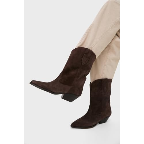 Suede Cowboy Boots for Women Pointed Toe Mid-Calf Western Boots Chunky Heel Cowgirl Booties Dressy Pull on Wide Calf Fashion