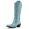 Women Cowboy Boots Mid Calf Cowgirl Western Boots Embroidered Suede Pull On Almond Toe Chunky Heel