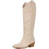 White Cowgirl Boots Women Cowboy Knee High Tall Boots Chunky Heel Pointed Toe Pull-On Western Wide Calf Boats Country Fashion