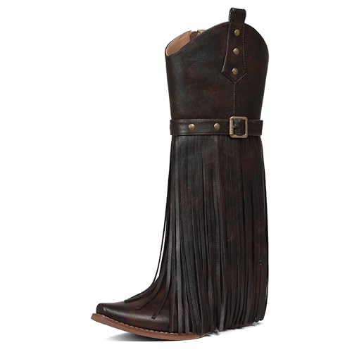 Cowboy Boots for Women Retro Square Toe Side Zipper Block Chunky Heel Tassel Country Concert Outfits Calf Western Cowgirl Boots