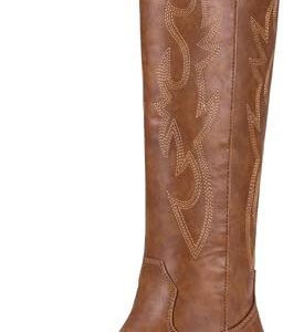 319pNAmUNzL.jpg Women's Cowboy Boots Embroided Western Cowgirl Boots Square Toe Knee High Pull on Wide Calf Shoes with Inside Zipper