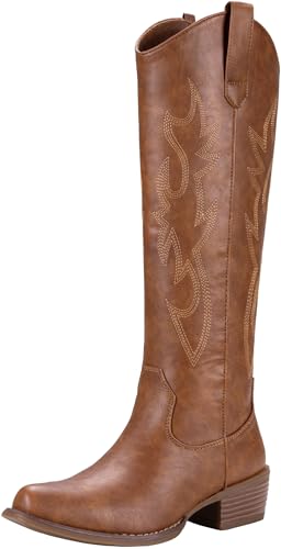 Women's Cowboy Boots Embroided Western Cowgirl Boots Square Toe Knee High Pull on Wide Calf Shoes with Inside Zipper
