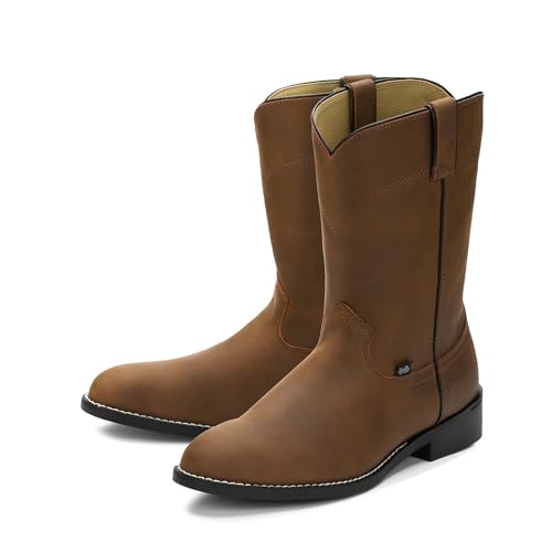 Temple 10" Roper Cowboy Boots for Men - Durable Pull-On Round Toe Cowhide Boots with Covered Cushion Insole and Triple-Density