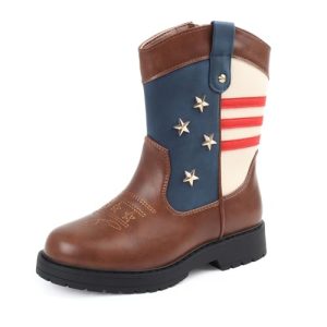 Cowboy/Cowgirl Boots for Boys/Girls Toddler Western Wide Calf Square Toe Kids Boots with Side Zipper (White+ Brown+Dark Brown)