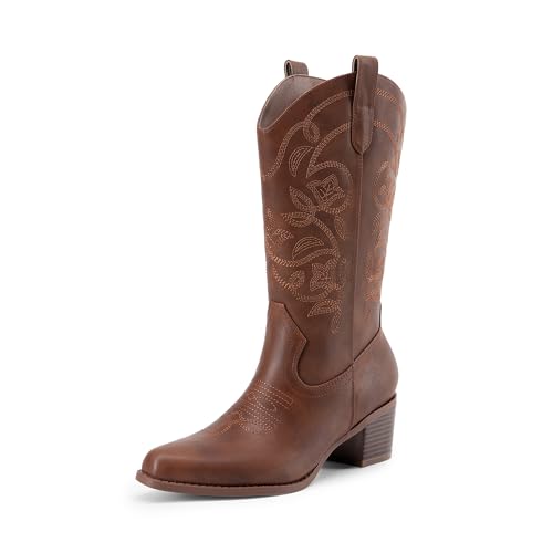 Cowboy Boots for Women Cowgirl Western Boots Fashion Embroidery Stitched Chunky Heel Mid Calf Boots