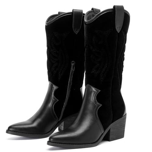 Women's Mid Calf Boots, Flat Casual Round Toe Booties Fashion Buckle Dressy Fall and Winter Low Heeled Boots for Women.