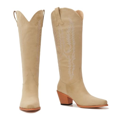 Cowboy Boots For Women Wide Calf Knee High Tall Western Style Comfortable Ladies Plus Size Cowgirl Boots Chunky Heel