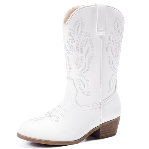 Cowgirl Boots for Little Girls Mid Calf Pointed Toe Kid Cowboy Boots Side Zipper Classic Embroidered Western Boots Horse Riding