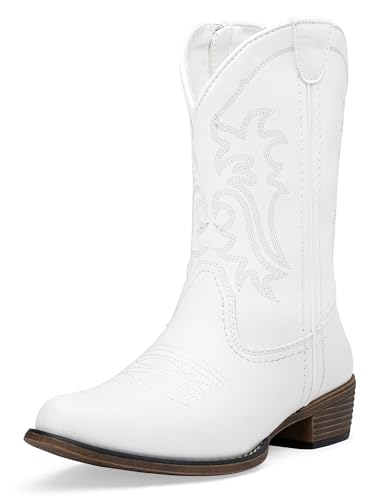Women's Cowboy Boots, Western Cowgirl Mid-Calf Pull on Round Toe Embroidered Country Boots with Inside Zipper