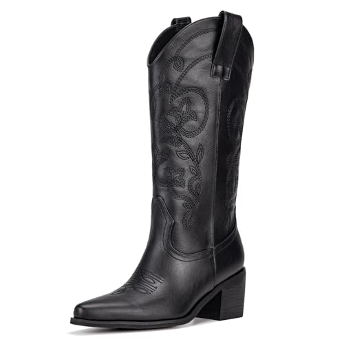 Cowboy Boots for Women Wide Calf - Cowgirl Boots with Pointed Toe and Chunky Heel for All-Day Comfort | Perfect for Country