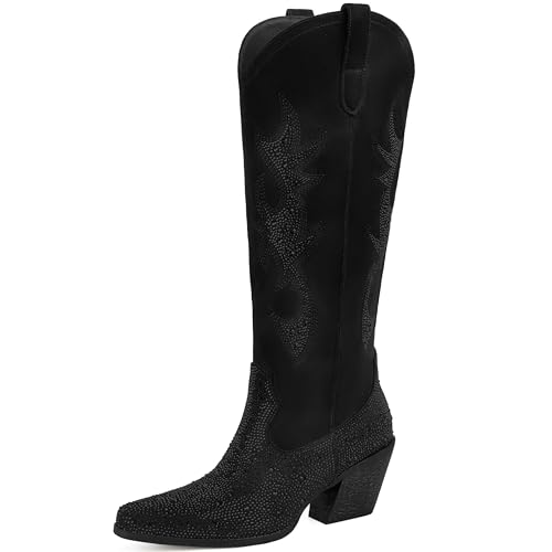 31YKIcIK4QL.jpg Women's Rhinestone Cowboy Boots Mid Calf Cowgirl Boots Pointed Toe Chunky Heel Sparkly Western Boot with Pull On Tabs